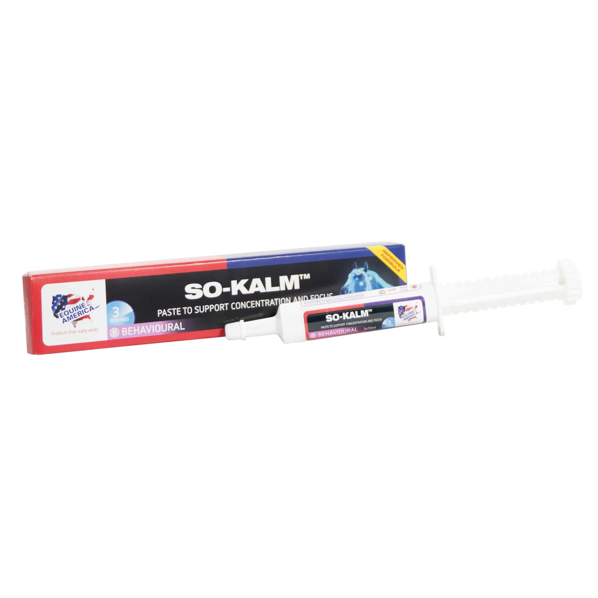 Packaging and syringe of So Kalm Paste for horses, with branding and product information displayed.